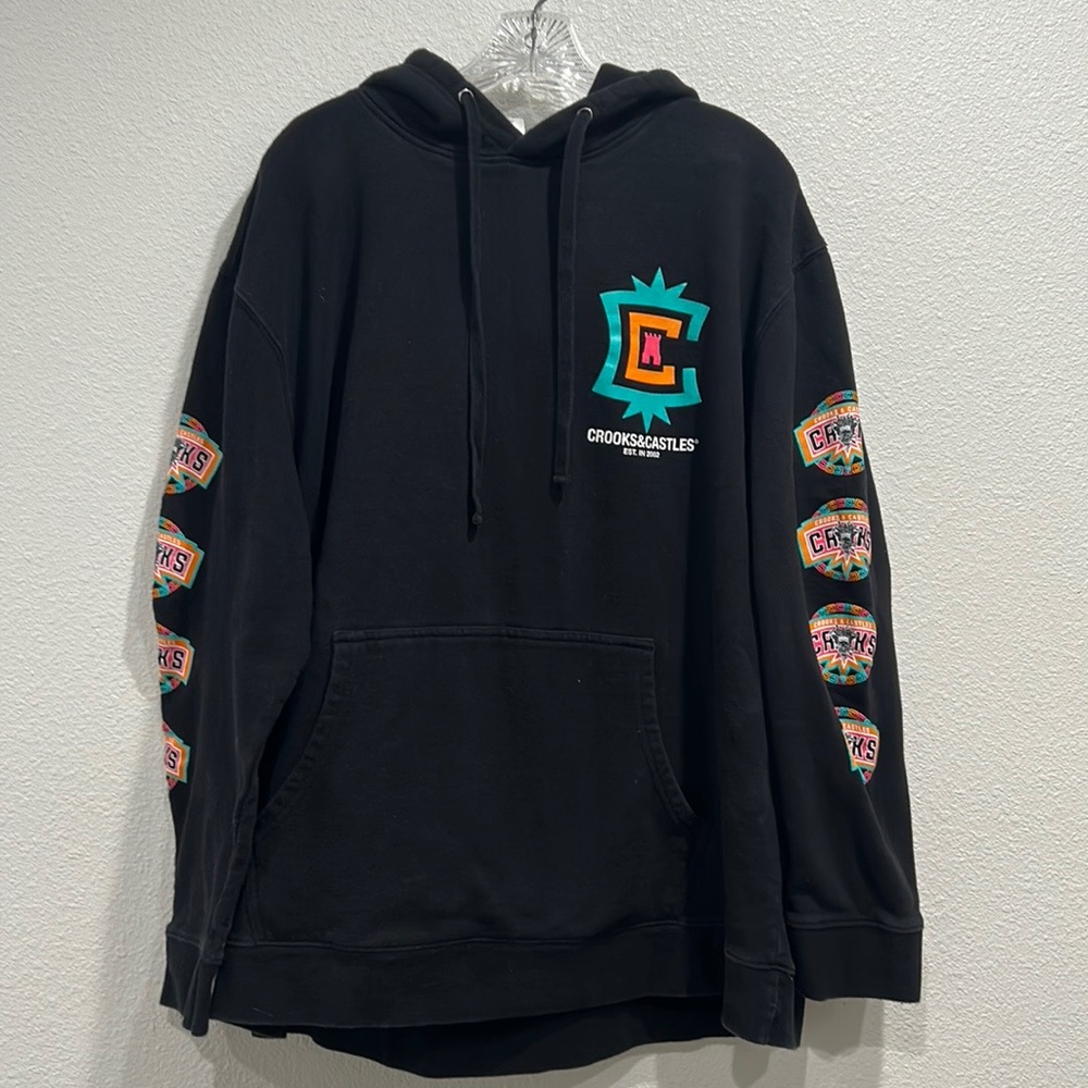 Men's Crooks & Castles Black Double-Side Logo Hoodie Pocket Streetwear Sleeve 3X
